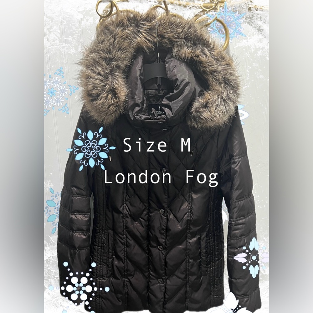 London Fog Blk Diamond Quilted with Faux Fur Hood Coat